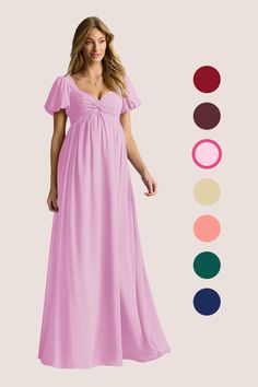 Step into motherhood with confidence and grace in our versatile chiffon maternity dress, Madisynn. Tailored with care to accommodate your evolving silhouette, this dress features a flattering sweetheart neckline, beautiful puff sleeves, a keyhole back, a bow tie back, and a ruched A-line skirt that provides ample room for you to grow. Pink Chiffon Maxi Length Bridesmaid Dress, Pink Chiffon Maxi Dress For Bridesmaid, Pink Chiffon Maxi Bridesmaid Dress, Pink Maxi Chiffon Bridesmaid Dress, Flowy Ruched Pink Maxi Dress, Pink Ruched Maternity Dress, Pink Maxi Dress With Ruched Sweetheart Neckline, Chiffon Maternity Dress For Wedding, Flowy Empire Waist Maternity Dress For Wedding