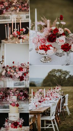 a collage of photos with flowers and candles on the table in front of them