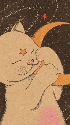 a drawing of a cat holding a crescent moon