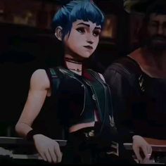 an animated image of a woman with blue hair and black leather outfit standing next to a man