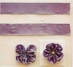 three pieces of purple fabric with two flowers on each side and one flower in the middle