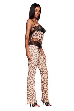 Details Best selling Silo Pant in a new 'GIA' custom leopard print. Exclusive I.AM.GIA All over print - Designed in house by our design and graphics team Leopard print pant - 2 layers of mesh fabrications Low-rise and straight leg silhouette Featuring unlined contrast black lace waistband Lettuce edge hem with contrast black stitching at leg opening Pull on construction - Slip into with ease Style is partially lined - This style is semi sheer due to the nature of the fabric Recommended Underwear Print Pant, Leopard Print Pants, Shop Pants, I Am Gia, Festival Dress, Buy Now Pay Later, Romper Pants, Printed Pants, Skirts For Sale