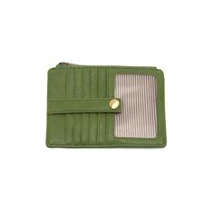 a small green wallet with a gold button on the front and an id holder in the back