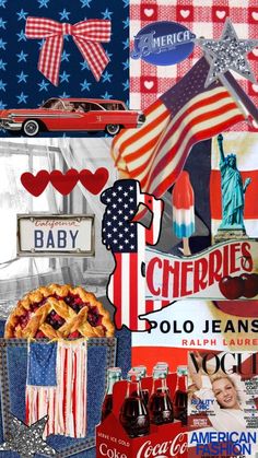 the collage is made up of many different items and colors, including an american flag