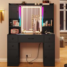 a desk with a mirror and lights on it