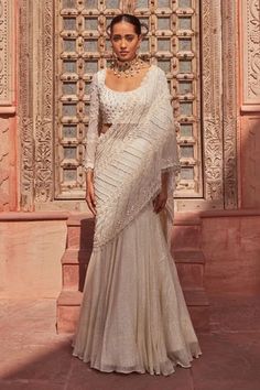 Shop for Nidhika Shekhar Ivory Silk Shubh Ganga Utsav Pre-draped Lehenga Saree With Blouse for Women Online at Aza Fashions Drape Lehenga, Lehenga Sari, Fish Cut, Sari Lehenga, Drape Sarees, Georgette Saree With Blouse, Full Sleeve Blouse, Drape Saree, Ready To Wear Saree