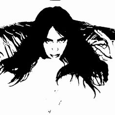 a black and white drawing of a woman with long hair