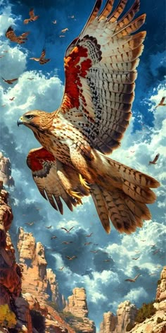 a painting of an eagle flying in the sky