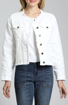 A fun update to a classic style, this stretch-denim jacket features softly frayed edges and a fitted, collarless silhouette for casual-chic layering. Front button closure Collarless Button cuffs Chest button-flap patch pockets 70% cotton, 28% polyester, 2% elastane Machine wash, tumble dry Imported Asian & Pacific Islander Owned/Founded Trendy White Cropped Denim Jacket, White Denim Jacket With Frayed Hem For Fall, Casual White Cropped Denim Jacket, White Cropped Denim Jacket For Spring, White Denim Jacket With Frayed Hem, Chic Cotton Outerwear With Frayed Hem, White Distressed Denim Jacket, Trendy White Denim Jacket With Frayed Hem, Casual White Outerwear With Frayed Hem