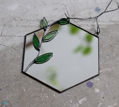 a mirror with leaves on it sitting on top of a cement floor next to a string