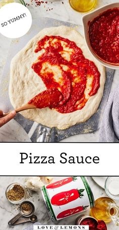 the pizza sauce is being spread on top of it