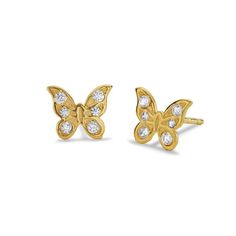 These cubic zirconia butterfly stud earrings are set in 10K gold. These earrings secure with friction backs. Yellow Gold Butterfly Earrings With Cubic Zirconia, Yellow Gold Cubic Zirconia Butterfly Earrings, Butterfly Stud Earrings, Butterfly Earrings Stud, 10k Gold, Fashion Earrings, Cubic Zirconia, Stud Earrings, Gold