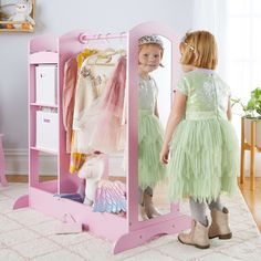 Create a space that inspires imagination with the See and Store Dress Up Center by Guidecraft. Keep all of your child's favorite costumes and pretend play accessories organized and accessible with this sturdy unit. A variety of storage solutions including shelving, a bar to hang costumes on and a raised bottom lip keep every hat, crown, feathered boa and pair of fairy wings within reach. Play Storage, Dress Up Storage, Pretend Play Costumes, Crazy Costumes, Kids Dress Up, Fourth Birthday, Girls Dress Up, Mirror With Shelf, Dress Up Outfits