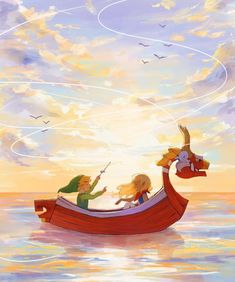 two people in a boat on the water with birds flying above them and an orange sky