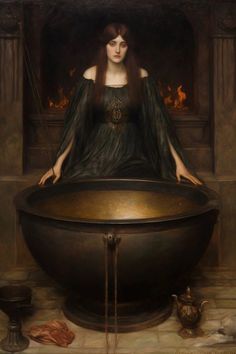 a painting of a woman sitting in front of a large bowl with water coming out of it