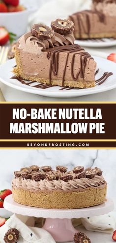 no - bake nutella marshmallow pie with chocolate frosting on top