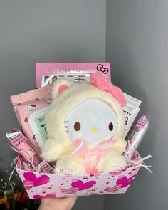 a hello kitty stuffed animal in a pink gift box