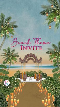 the beach theme is shown with candles in front of it and palm trees on either side