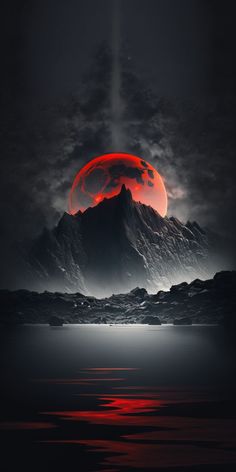 a red moon rising over a mountain in the night sky with dark clouds and water