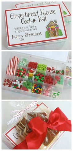 gingerbread house cookie kit in a clear box with red ribbon and candy canes