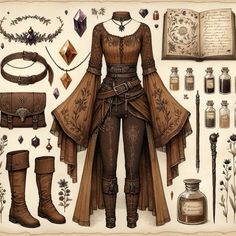 an illustration of a woman in brown clothing surrounded by various items and accessories, including boots