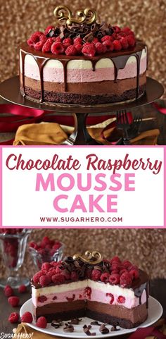 chocolate raspberry mousse cake on a plate with the words chocolate raspberry