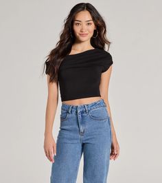 A modern and chic crop top features an asymmetrical one-shoulder neckline with ruched seams. Perfect for styling with high-rise jeans and mules.Fit & FeaturesDouble-lined modal blend knit fabric, moderate stretchOne-shoulder asymmetrical necklineRuched seamsCropped length hemRuns true to size Black Cropped One-shoulder Top For Spring, Casual One-shoulder Crop Top For Night Out, Chic Cropped One Shoulder Stretch Top, Trendy Cropped One-shoulder Top For Night Out, Casual One Shoulder Crop Top For Night Out, Trendy Cropped One Shoulder Top For Night Out, Asymmetrical Neckline, Shoulder Crop Top, Modern Chic