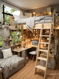 a loft bed with a desk and ladder in the middle, next to a window