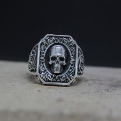 Royal Vintage Skull Rococo Signet Ring, Biker Ring, Punk Silver Ring, Gothic High Skull Ring, Oxidized Jewelry, Handmade Silver Ring For Men Elevate your style with our sophisticated silver rings for men. Crafted from high-quality materials, each piece is designed to stand the test of time while providing a touch of modern elegance to your look. Our collection includes a wide range of designs to suit any taste, from classic and simple bands to more intricate and unique styles. Whether you're dressing up for a formal occasion or looking to add a touch of polish to your everyday style, our silver rings for men are the perfect choice. Shop our collection now and find the perfect piece to express your individuality and enhance your wardrobe. ⭐ Check out our store for more unique design jewelry Signet Ring Vintage, Silver Rings For Men, Silver Ring For Men, Simple Band, Biker Rings, Vintage Skull, Skull Jewelry, Oxidised Jewellery, Unique Jewelry Designs