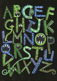 the letters are made up of green and blue monsters'mouths, with black background