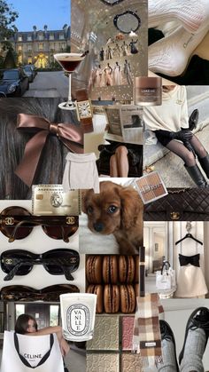 the collage shows different types of clothing and accessories, including shoes, dresses, hats, and sunglasses