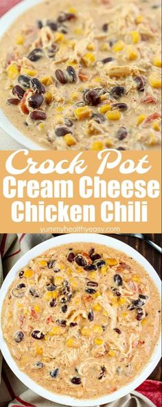 two pictures of cream cheese chicken chili