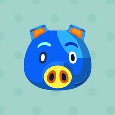 a blue pig with an orange nose and two ears on it's head, in front of a green background