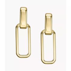 These drop earrings feature gold-tone stainless steel and post closures. Gold Stainless Steel Drop Earrings, Modern Yellow Gold Clip-on Earrings, Gold-tone Stainless Steel Earrings, Gold Stainless Steel Dangle Earrings, Gold Stainless Steel Hoop Earrings, Gold Stainless Steel Dangle Hoop Earrings, Modern Gold-tone Drop Linear Earrings, Modern Metal Earrings With Gold-tone Hardware, Modern Matte Gold Metal Earrings