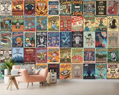 a room with a wall covered in posters