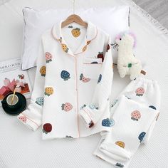 The Clouds, Strawberries and Hearts Original Pajamas Big Strawberry, Lounging Outfit, Best Pjs, Fruity Design, Conversational Prints, Cute Pjs, Pink Details, Cotton Sleepwear, Cotton Pajama Sets