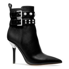 Studded Ankle Straps And Metallic Wrapped Heels Elevate Dressy Points In The Amal Booties From Michael Michael Kors. 4" Heel Shaft Height: 5"; Circumference: 9"; Measured On A Size 6 Pointed-Toe Ankle Booties With Inner Ankle Zipper Closure Studded Ankle Strap; Pull Tab At Heel Note: Shaft Height And Circumference Vary By Size. Leather/Manmade Upper; Fabric Lining; Rubber Sole Condition: New With Box Check Out My Closet For Other Great Deals! Buy 2 Or More Items To Receive 10% Off. Michael Kors Boots, Michael Kors Heels, Studded Leather, Michael Kors Shoes, Womens Boots Ankle, Black Booties, Michael Kors Black, Black Ankle Boots, Leather Ankle Boots