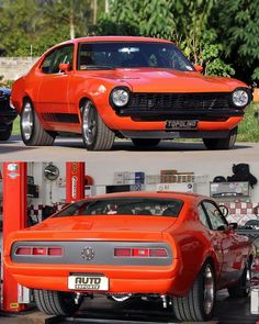 an orange car parked in front of a gas station with another red car behind it