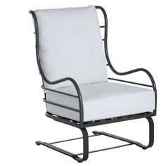 an outdoor chair with white cushions and black metal frame, viewed from the front view