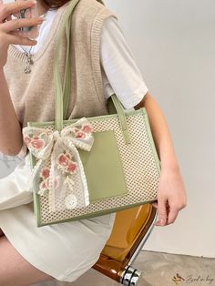 Bird in Bag - Woven Flower Design Scarf Shoulder Bag with Fashionable Hollow Out Detailing Large Capacity Satchel For Spring Day Out, Large Capacity Satchel For Day Out In Spring, Chic Flower-shaped Shoulder Bag For Everyday Use, Feminine Shoulder Bag For Spring Errands, Chic Flower-shaped Bag For Daily Use, Green Flower-shaped Shoulder Bag For Daily Use, Green Flower Shaped Shoulder Bag For Daily Use, Green Floral Shoulder Bag For Everyday Use, Green Floral Shoulder Bag For Daily Use