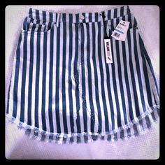 Women’s Striped Denim Mini Skirt Blue Cutoff Mini Skirt For Spring, Trendy Blue Denim Skirt, Blue Cotton Cutoff Skirt, Blue Cutoff Denim Skirt For Summer, Blue Cutoff Mini Skirt For Summer, Chic Blue Cutoff Mini Skirt, Blue Cutoff Skirt For Spring, Summer Blue Cutoff Mini Skirt, Spring Blue Denim Skirt With Frayed Hem