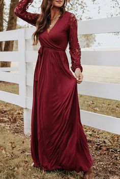 Red Lace Sleeve Faux Wrap Belted Maxi Dress Maxi Dress Outfit For Wedding, Long Sleeve Maxi Dress Outfit, Belted Maxi Dress, Burgundy Lace, Lace Splicing, Swimwear Dress, Beach Weddings, Sleeve Maxi Dress, Ruffled Maxi Dress