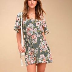 Billabong Fine Flutter Green Floral Dress With Tie Around Waist Casual Flutter Sleeve Dress For Garden Party, Pink Mini Dress With Flutter Sleeves For Spring, Casual Floral Dress With Flutter Sleeves For Garden Party, Casual Flutter Sleeve Dress For Spring, Flowy Short Sleeve Floral Brunch Dress, Casual Flutter Sleeve Mini Dress For Spring, Flowy Short Sleeve Floral Dress For Brunch, Casual Mini Dress With Flutter Sleeves For Brunch, Casual Floral Dress With Flutter Sleeves For Spring