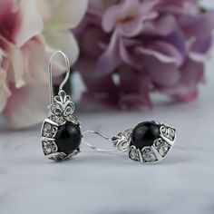 925 Sterling Silver Handcrafted Filigree Art Flower Figured Drop Earrings with Genuine Black Onyx Gemstone Formal Black Jewelry With Gemstone Accents, Silver Onyx Drop Earrings, Black Teardrop Jewelry Making Supplies, Black Jewelry With Gemstone Accents For Gift, Elegant Onyx Dangle Jewelry, Elegant Onyx Earrings, Elegant Black Jewelry With Gemstone Accents, Formal Onyx Gemstone Earrings, Elegant Teardrop Onyx Jewelry