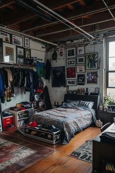 a bed sitting in a bedroom next to a window with lots of pictures on the wall