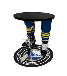 a hockey player standing on top of a table