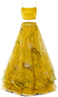 Get ready to light up the party in this turmeric yellow lehenga🌻 This gorgeous set features floral and greenery patterns with shimmering sequin work, topped off with a flowy net fabric layer for that mystical touch. Perfect for any Indian event, especially the Haldi or Sangeet. You'll be the sunshine of the celebration! Yellow Floral Embroidered Sharara For Reception, Yellow Floral Embroidery Sharara For Reception, Reception Yellow Floral Embroidered Sharara, Green Organza Dress For Navratri, Green Floor-length Tissue Silk Lehenga, Yellow Sets With Floral Embroidery For Reception, Yellow Floral Embroidered Set For Reception, Green Organza Choli With Floral Embroidery, Pista Green Choli With Floral Embroidery For Party