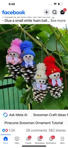 pinecone snowman ornaments hanging from a tree branch with facebook comments below