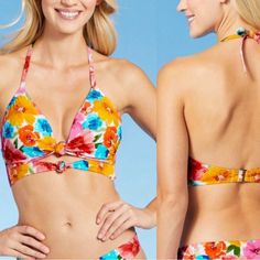 Lightly Lined Longline Bikini Top Covered With Floral Print For A Colorful Look Back Halter Neck Tie And Hook-And-Loop Fastener Offer A Secure Fit Soft And Stretchy Fabric Construction For Comfort Underwired Bikini Top Offers The Right Support For Confident Wear Pairs Easily With A Variety Of Swim Bottoms Description Keep Your Beach-Ready Looks Cool And Bright Wearing This Lightly Lined Longline Double Knot-Front Bikini Top From Shade & Shore. Covered With Print Of Yellow, Pink And Blue Flowers Multicolor Bra Friendly Swimwear For Spring, Bra-friendly Multicolor Swimwear For Spring, Spring Multicolor Bra Friendly Swimwear, Fitted Floral Print Halter Top For Beach Party, Colorful Triangle Top Swimwear For Spring, Multicolor Vacation Halter Neck Top, Multicolor Halter Neck Top For Vacation, Fitted Multicolor Halter Top, Fitted Multicolor Floral Print Halter Top