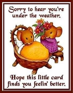 a card with two mice sitting in a basket and the caption says sorry to hear you're under the weather